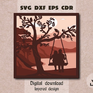 May include: A layered design of a couple sitting on a swing in a forest setting. The design is in shades of brown and pink, with a silhouette of the couple and the trees. The design is perfect for creating a layered paper craft.