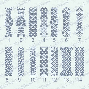 May include: A set of 14 Celtic knot designs, numbered 1 through 14, in a light blue color. The knots are all different, but they all have a similar style. They are all made up of a series of interlacing lines.