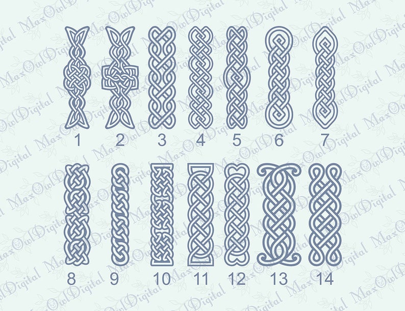 May include: A set of 14 Celtic knot designs, numbered 1 through 14, in a light blue color. The knots are all different, but they all have a similar style. They are all made up of a series of interlacing lines.