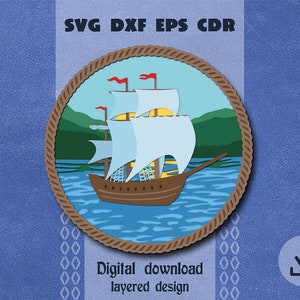 Layered sailing ship svg Layered mountain view svg Kids room sea decor dxf Sailboat shadow box svg Layered papercraft boat Cricut maker svg
