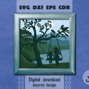 Layered tree swing svg Mother's Day shadow box svg Mom with children svg Gift for mom svg Cricut maker svg Layered Mountain landscape svg