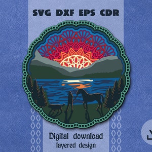 Man with horse and dog svg Layered mandala svg Sunset on mountain lake svg Father's Day gift svg Pet memorial svg Moutain shadow box svg