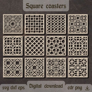 Quadratische Untersetzer SVG Arabische Wanddekor dxf Holzuntersetzer Laser geschnitten Glowforge svg Dekorative Platte dxf Trennwand Grilluntersetzer svg