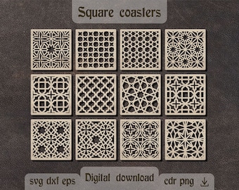 Arabic Pattern Coasters SVG, Laser Cut Files, Square coasters svg Wooden coasters  Decorative panel dxf Partition screen Grill trivets svg