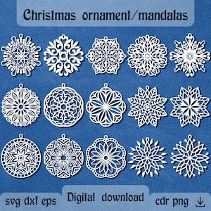 Ornamenti mandala svg Fiocchi di neve di Natale svg Mandala svg Ornamenti natalizi taglio laser decorazioni per alberi di Natale dxf Glowforge Orecchini mandala