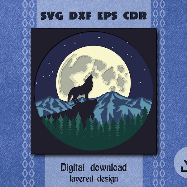 Layered wolf and moon svg Mountain scene svg Wolf shadow box svg Howling Wolf svg Layered moonlight svg Wild nature scene svg Cricut svg