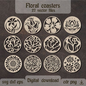 27 Ronde bloem onderzetters svg Floral Grill onderzetter gesneden bestanden Floral onderzetters bundel dxf Floral design laser gesneden bestanden Floral ornament svg