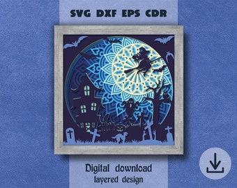 May include: A digital download of a layered design featuring a witch flying on a broomstick in front of a full moon with a mandala pattern. The scene includes a haunted house, a graveyard, and bats.