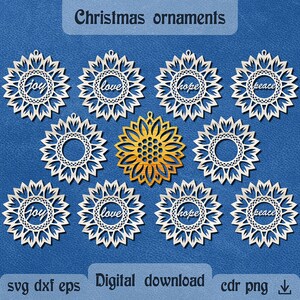 Adornos navideños de girasol svg Adornos navideños cortados con láser Joy svg Pendientes de girasol svg Decoración de árbol de Navidad dxf Cricut maker svg