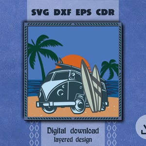 Beach life layered mandala svg Hippie Vintage Surf Van svg Layered surfing svg Surf shadow box Cricut maker svg Tropical scene svg Surfboard