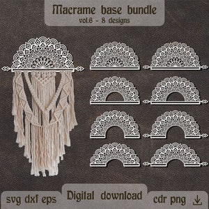 Mandala macrame base SVG Gancio Macrame per Glowforge SVG Mezzo mandala laser CNC Macrame rotondo SVG bundle Macrame Taglio laser Porta arco SVG