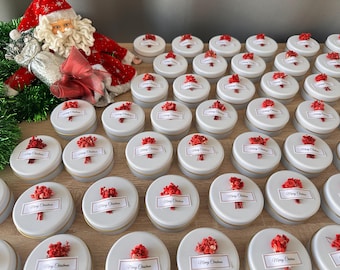 Christmas Candle Favors with Red Flowers - Winter Holiday Scents - Personalized Festive Gifts