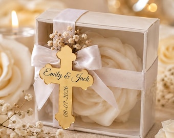Personalized Rose Candle Wedding Favors, Scented Soy Wax, Gold Cross Tag