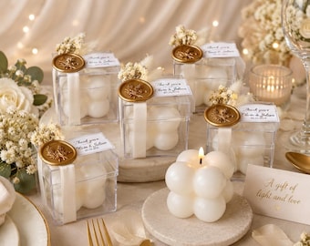 Personalized Bubble Candle Wedding Favors in Clear Box with Wax Seal