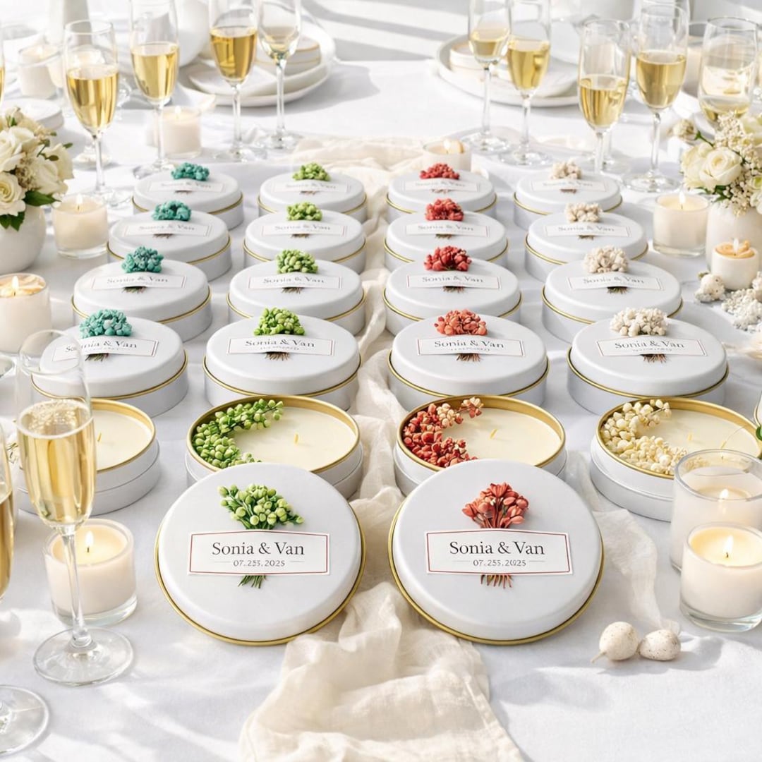 Personalized Scented Soy Wax Candle Favors With Dried Flowers - White ...