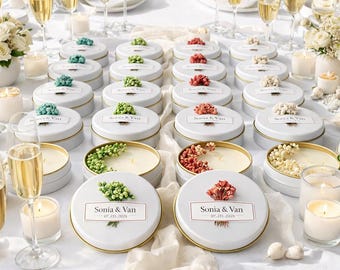 Personalized Scented Soy Wax Candle Favors with Dried Flowers - White Tin Guest Gifts for Weddings, Bridal & Baby Showers, Bulk Sets