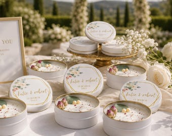 Personalized Floral Soy Candles, Custom Wedding Favors, Tin Candles