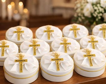 Personalized Cross Candle Favors with Ribbon | Baptism & Christening Keepsake | Soy Candle for Religious Wedding, Baby Shower, Birthday