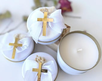 Personalized Christening Candle Favors: Soy Wax, Dried Flowers & Gold Cross