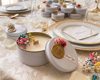 Personalized Scented Soy Wax Tin Candles, Dried Flower Bridal Shower Favors