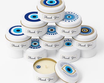 Evil Eye Soy Candle Favors: Custom UV Printed Lids for Wedding