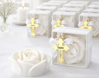 Personalized Rose Shaped Soy Candles with Gold Acrylic Cross – Baptism & Christening Keepsake, Religious Wedding Favors