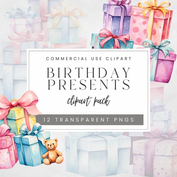 Watercolor Birthday Presents Clipart, Gift Box Clip Art,  Birthday Gift Graphics, Images for Birthday Invitations, Digital Download