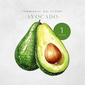 May include: A watercolor illustration of a whole avocado and a halved avocado with a seed. The avocado is green with water droplets on the skin. The avocado pit is brown.