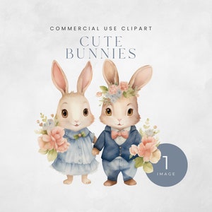 Cute Watercolor Bunnies Clipart | Bunnies With Flowers Digital Download | Bunny Baby Shower | Bunny Birthday Digital Sticker| Commercial Use