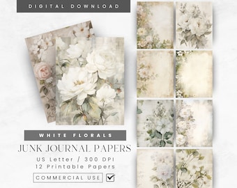 May include: Twelve printable digital papers featuring white floral designs on a vintage background. The papers are US Letter size and 300 DPI. The text "Junk Journal Papers" and "Commercial Use" is included in the image.