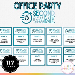 May include: A set of 117 blue and white cards with the text "Second Game" and "Name 3:" on each card. The cards are for an office party game.