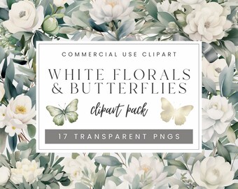 Watercolor White Florals Clipart, Spring Floral Clipart Bundle, Scrapbooking Clipart, Instant Download, Commercial Use Clip Art