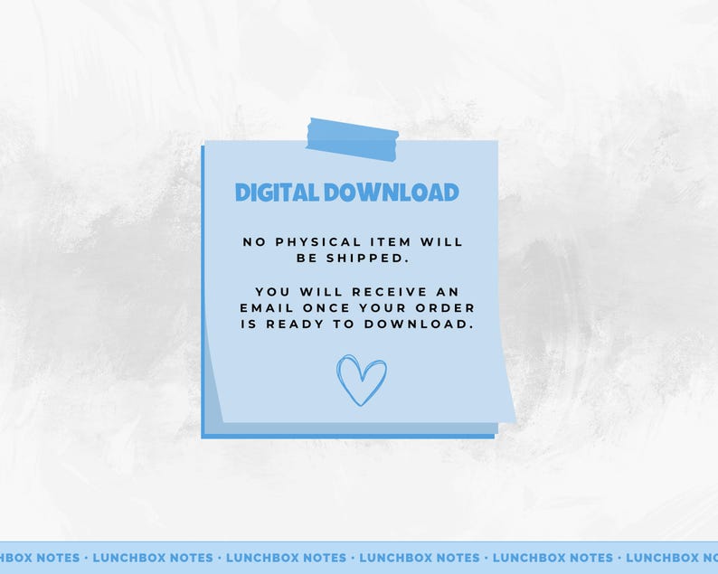Op de afbeelding: Een blauwe digitale downloadmelding met de tekst "DIGITAAL DOWNLOADEN", "GEEN FYSIEK ITEM WORDT VERZONDEN", "JE ONTVANGT EEN E-MAIL ZODRA JE BESTELLING KLAAR IS OM TE DOWNLOADEN." en een harticoon.