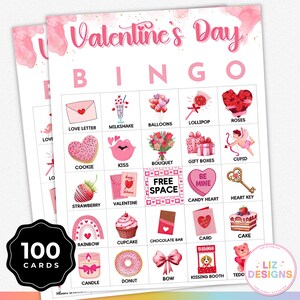 100 Valentinstag Bingokarten druckbar, Kinder Klassenzimmer Valentinstag Party Aktivität, Gesellschaftsspiel für Kinder und Erwachsene, Bingo für Kinder