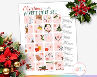 Christmas Advent Calendar with Fun Activities, Pink Printable Kids Countdown, Family Holiday Countdown, Xmas Advent Activities