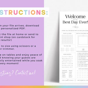 May include: A printable wedding game card with the text "Welcome to the Best Day Ever!" and instructions. The card includes a tic-tac-toe game, word search, and photo scavenger hunt. The card is white with black text.