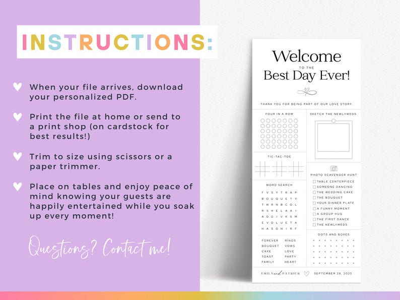 May include: A printable wedding game card with the text "Welcome to the Best Day Ever!" and instructions. The card includes a tic-tac-toe game, word search, and photo scavenger hunt. The card is white with black text.