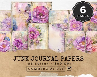 Pages de journal indésirable pivoines roses, feuille de collage numérique, kit de journal indésirable, pages florales, travaux manuels en papier, papiers de scrapbooking floraux vintage