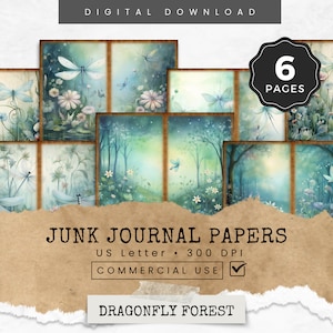 Dragonfly Junk Journal Papers, Paper Craft, Dragonflies Journal Pages, Printable Papers, Tags, Creative Journaling, Vintage Ephemera