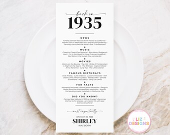Personalized Back in 1935 Birthday Table Place Card, Born in 1935 Bday Party Decor and Favor, Custom 90th Birthday Place Setting Printable