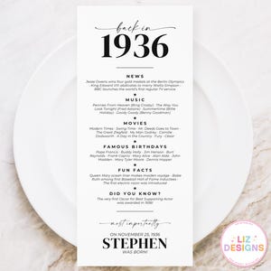 Cartão de lugar de aniversário de 1936, decoração e lembrancinhas personalizadas para festa de aniversário de 1936, conjunto de mesa personalizado para aniversário de 90 anos para impressão
