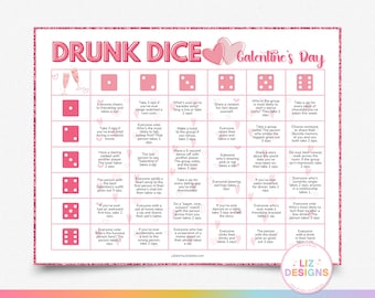 Puede incluir: Una tarjeta de juego imprimible rosa y blanca con el título "Drunk Dice Galentine's Day". La tarjeta presenta una cuadrícula de 25 casillas, cada una con un desafío o reto diferente para que los jugadores completen. Los desafíos están relacionados con el Día de San Valentín e incluyen actividades como compartir un dato aleatorio sobre ti mismo, tomar un sorbo por cada aplicación de citas que hayas descargado y elegir a alguien con quien compartir tu recuerdo favorito.