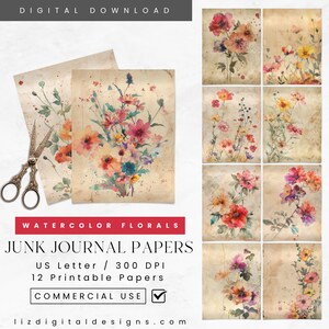 Watercolor Florals Junk Journal Papers, Wildflowers Scrapbooking Background Pages, Printable Spring Flowers Digital Papers, Junk Journal Kit
