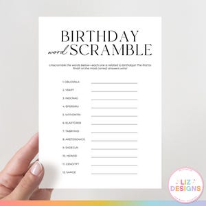 May include: A printable birthday word scramble game with 12 words to unscramble. The words are related to birthdays. The game is black and white with a simple design.