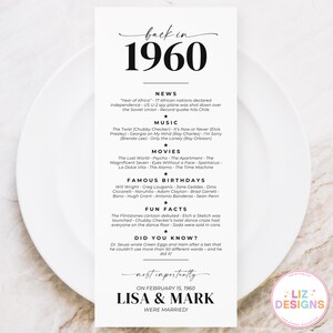 Carte de mariage personnalisée pour décor de table d'anniversaire de mariage, mariés en 1960, décoration d'anniversaire important, faits amusants imprimables, anecdotes souvenir