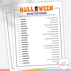 Halloween Name the Phobia Trivia Matching Game, Printable Halloween Quiz Group Party Games, Family Game Night