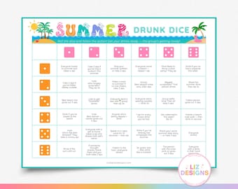 Gioco di dadi estivo per ubriachi, gioco alcolico per adulti, divertimento per feste in piscina, attività stampabili per feste per adulti, giochi per serate tra donne, gioco da tavolo alcolico