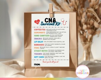 CNA Survival Kit-tag, afdrukbare verpleegkundigen week Survival Kit-kaart, verpleegkundige waardering bedanktag, cadeau ziekenhuispersoneel, medisch assistenten