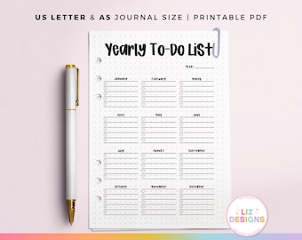 Lista de tareas anual imprimible, planificador A5 con cuadrícula de puntos, resumen del año, calendario anual en blanco, fechas importantes, calendario sin fecha.