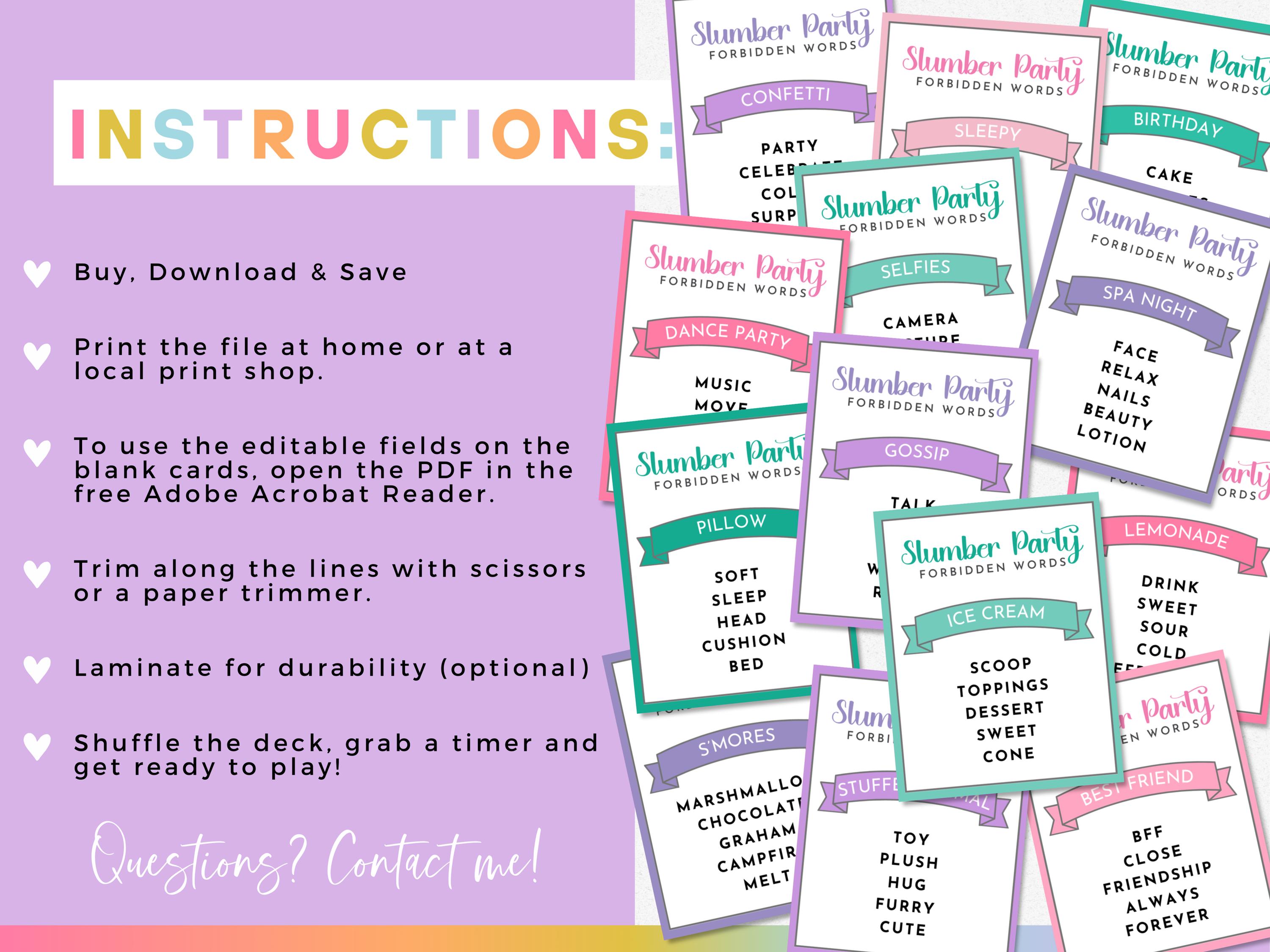 Slumber Party Forbidden Words Game, Printable Sleepover Game for Tweens ...